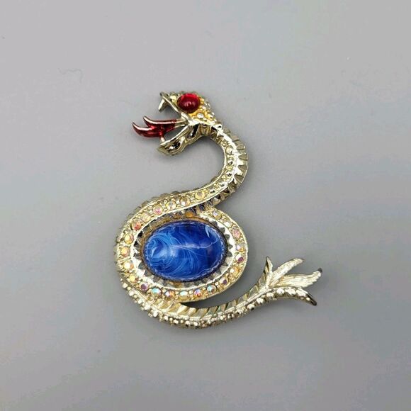 Jewelry - Cabochon Aurora Borealis Vintage 2.5 " Rhinestone Snake Serpent Pin Brooch